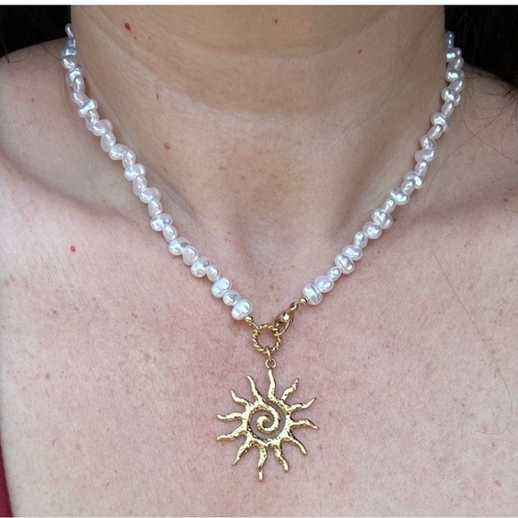 Gold Sun Pendant with White Pearls Necklace - Picture 1 of 5